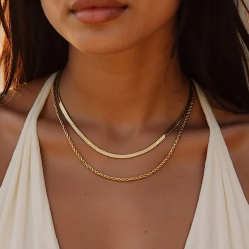 Gold Layered Double Chain Gold Necklace Herringbone & Rope Chain Waterproof CUTE